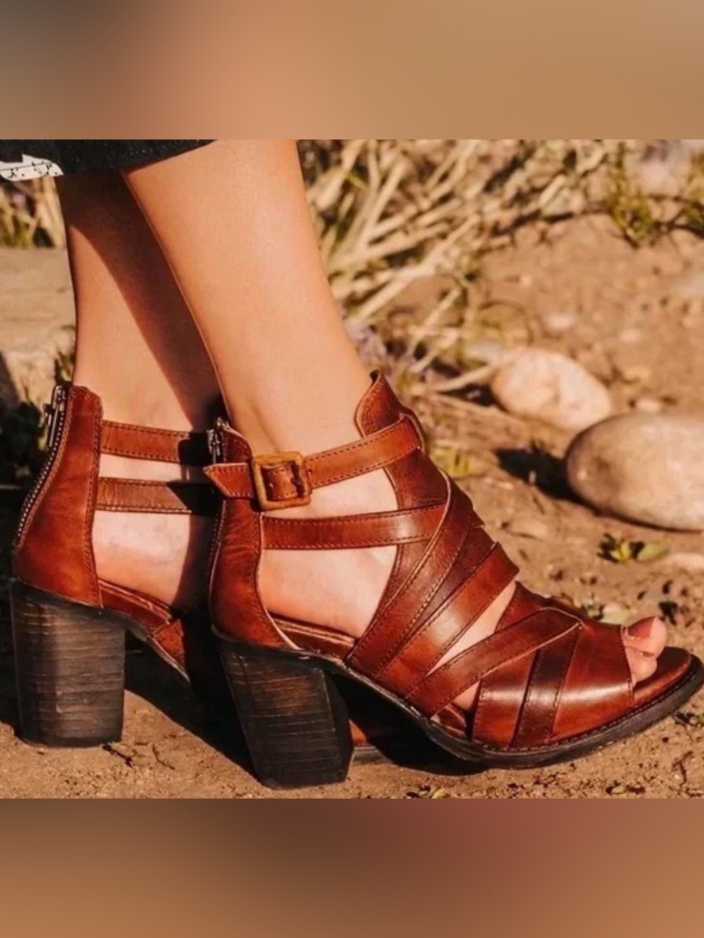 Freebird Claw Size 8 Brown Cognac Leather Block Heel Strappy Sandal 3.4" Heel